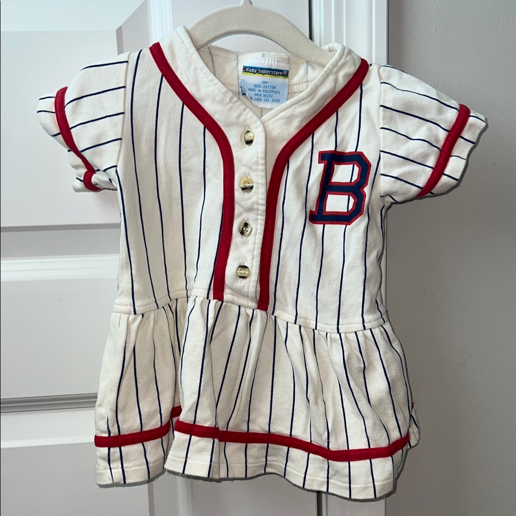Vintage Baby White And Red Striped Baseball Button Down Shirt/Jersey/Dress